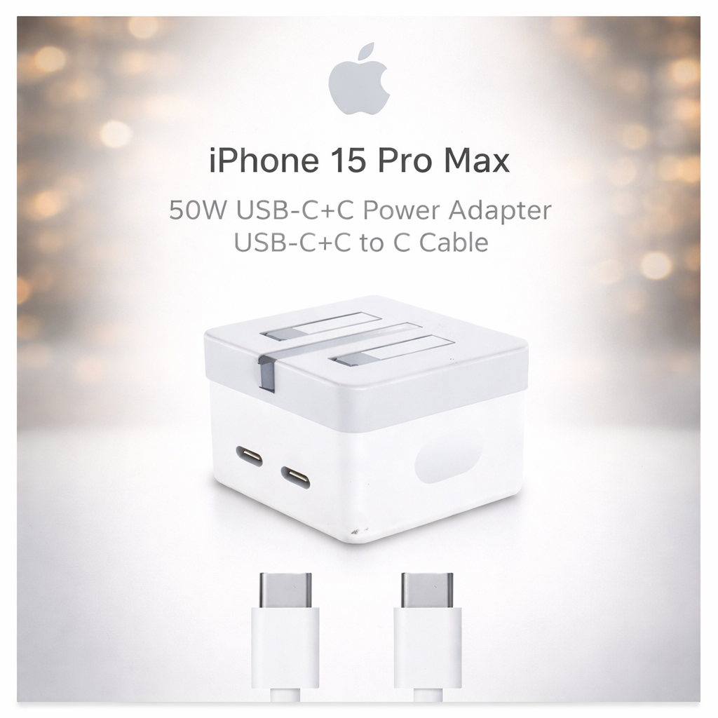 iPhone 15 Pro Max 50W USB-C Dual Port Fast Charger Adapter with USB-C to USB-C Cable