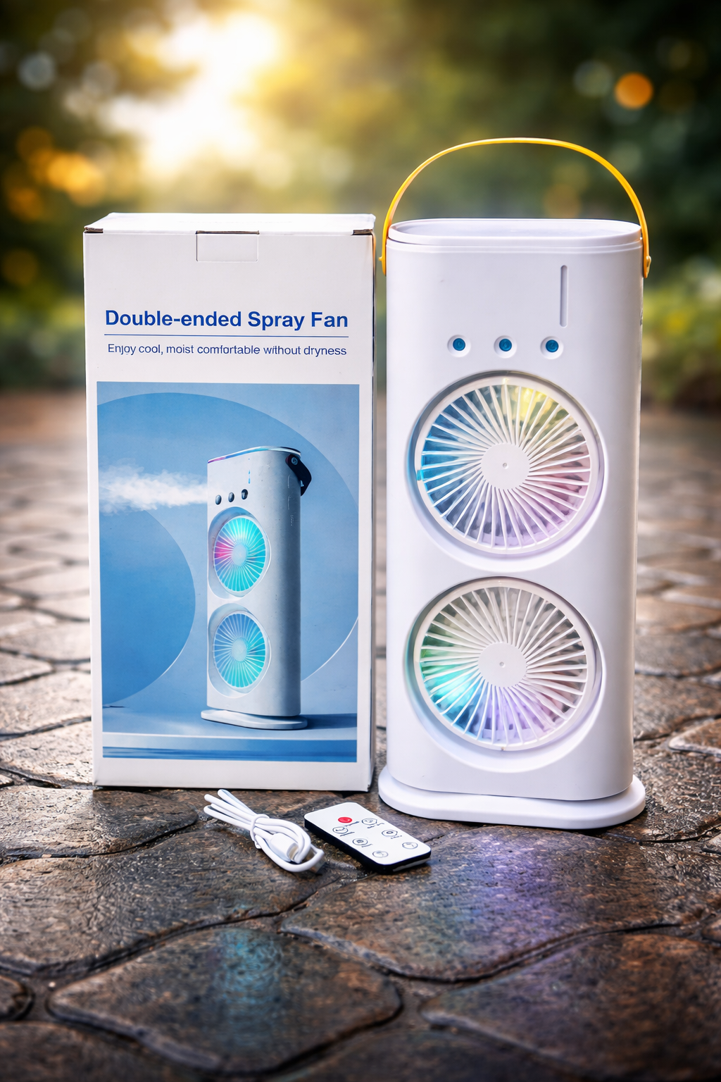 Double-Ended Spray Cooling Fan – Rechargeable Mist Fan with Remote Control