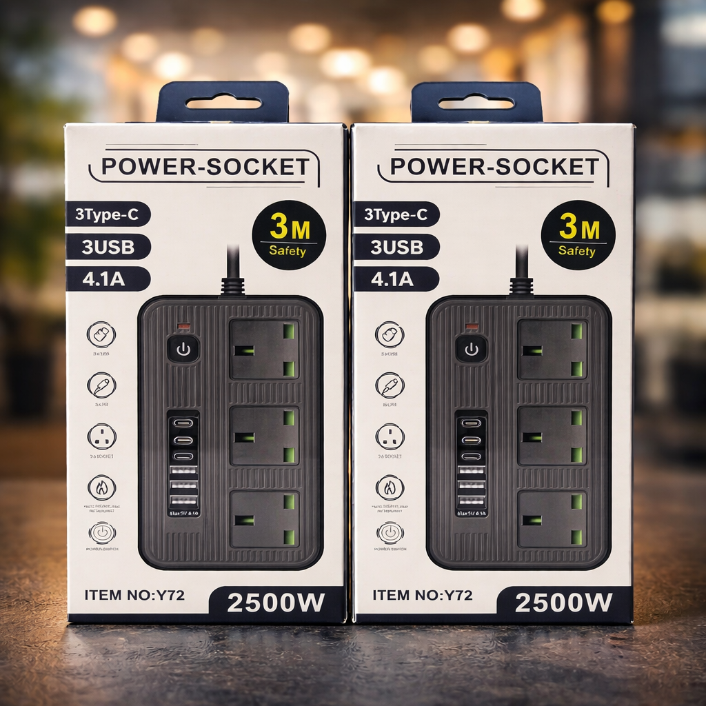 2500W Power Socket Extension Board with 3 Type-C + 3 USB Ports | 3 Meter Cable | Multi Plug Charging Station